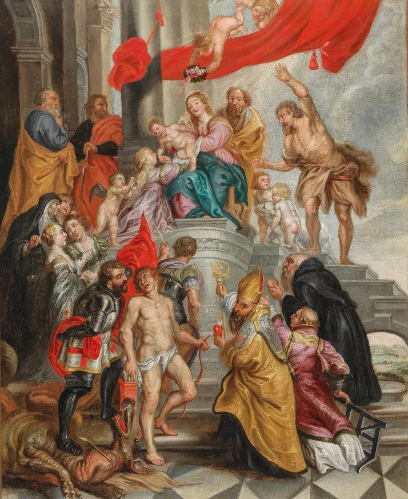 Jungfrun och barnet tillbedda av helgon av Follower of Peter Paul Rubens