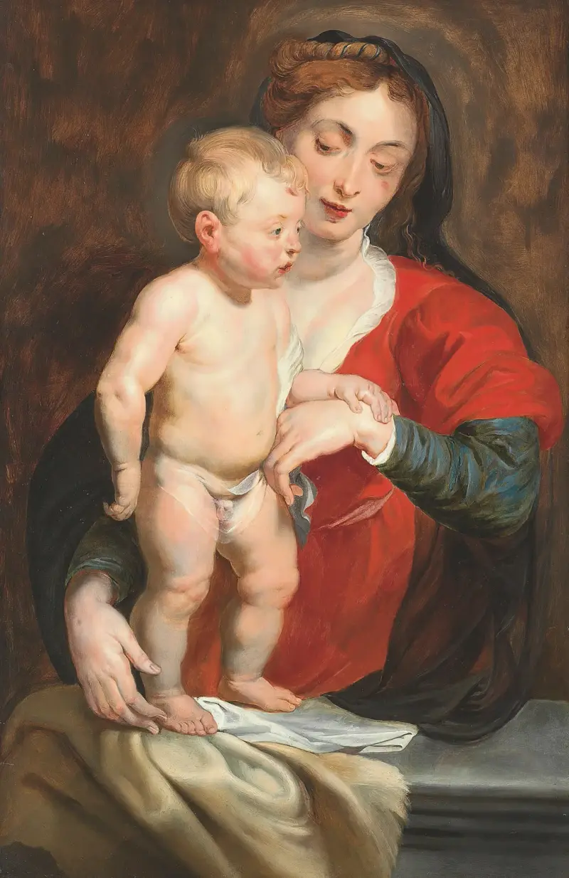 Jungfrun som stöder Kristusbarnet på en balustrad av Follower of Peter Paul Rubens