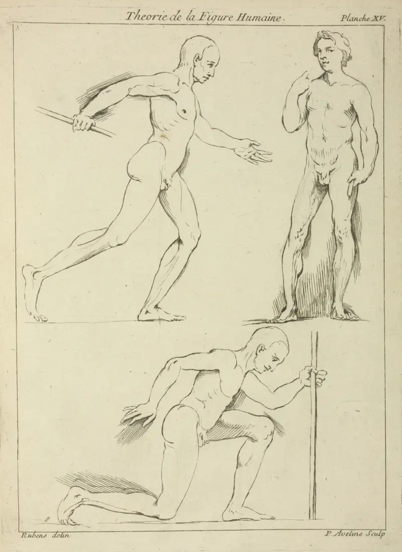 Drei männliche Figuren, eine schreitend und eine kniend von Peter Paul Rubens