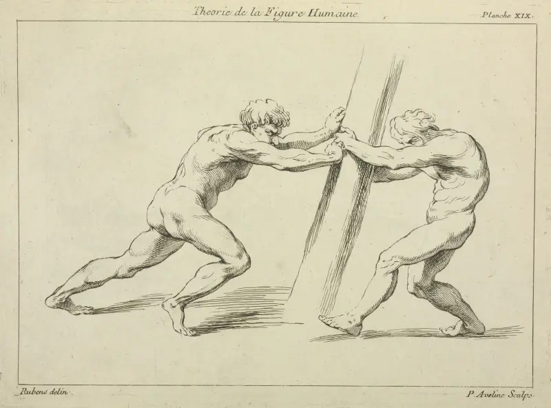 Zwei Figuren, die sich gegen einen Pfosten stemmen von Peter Paul Rubens