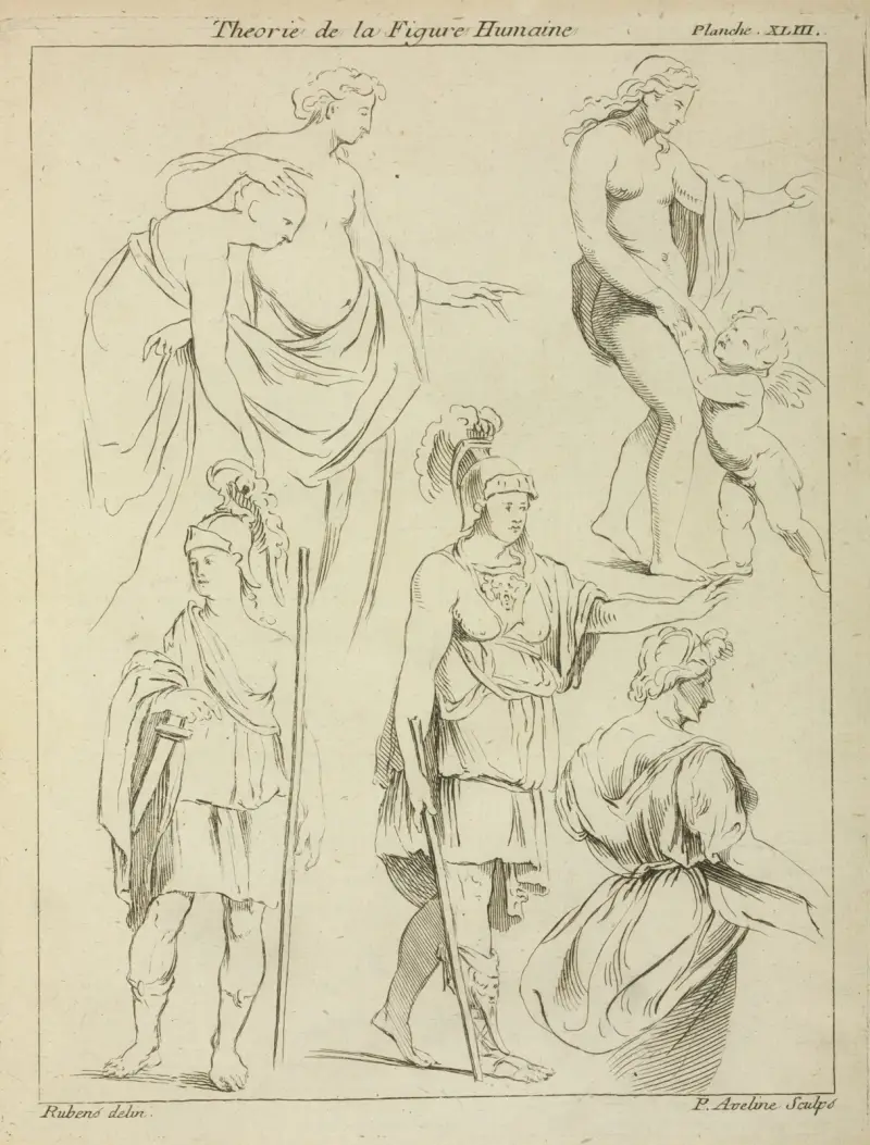 Diverse figurer, bland annat romerska soldater och delvis draperade manliga och kvinnliga nakna figurer av Peter Paul Rubens