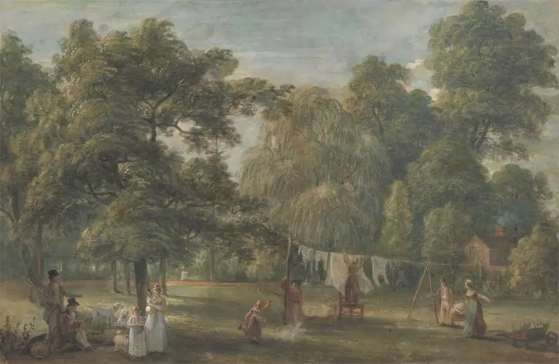 Trädgården vid Thomas Sandbys hus i Englefield Green nära Windsor av Paul Sandby