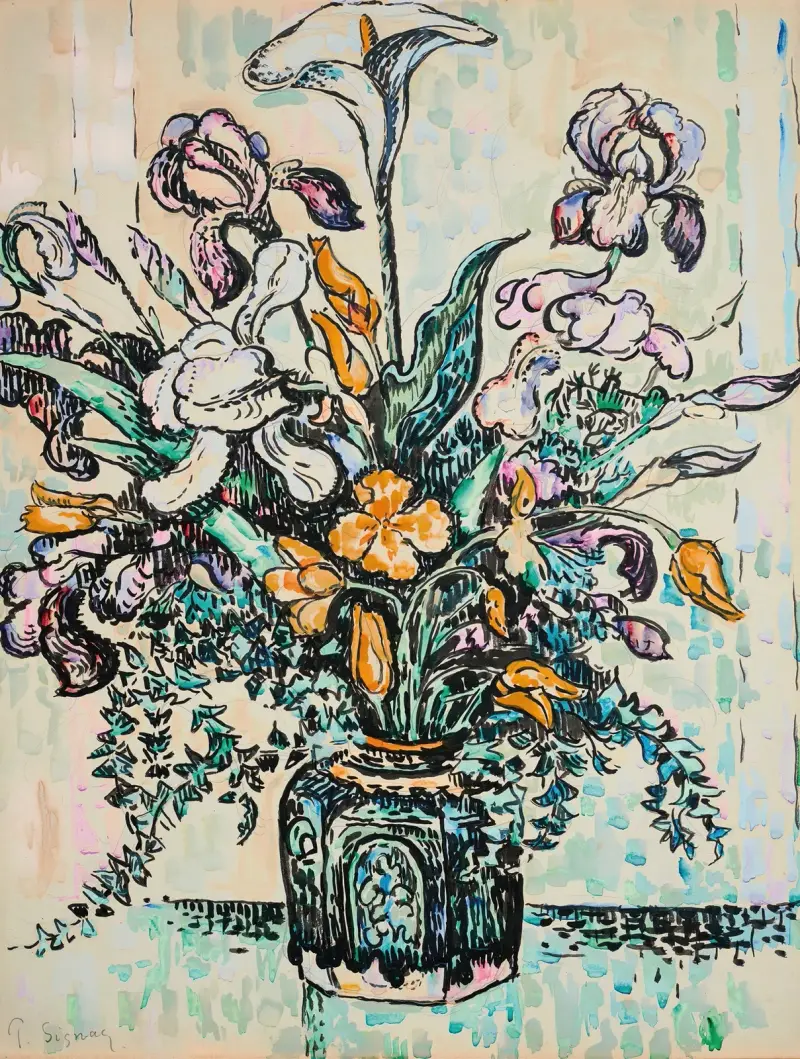 Strauß (Iris, Aronstab, Tulpen) in einer Vase von André Metthey von Paul Signac
