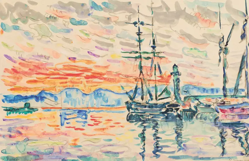 Saint-Tropez, hamnen i solnedgång av Paul Signac