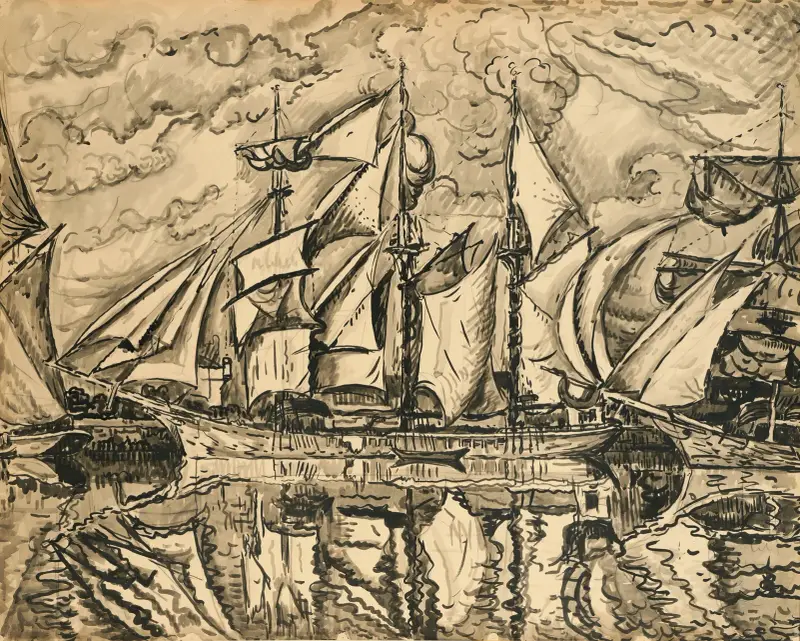 Tremastad bankfiskebåt. Segel på tork. Saint-Malo av Paul Signac