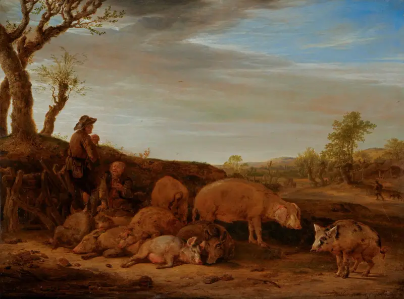 Landskap med svinhjord, svinherden samtalar med en annan man av Paulus Potter