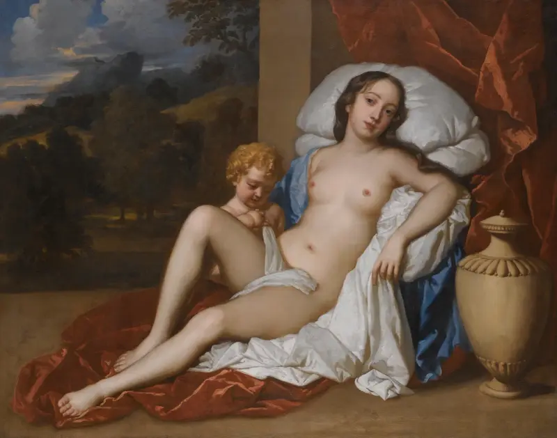 Porträtt av en ung kvinna och ett barn, som Venus och Amor, nästan säkert Nell Gwyn av Sir Peter Lely