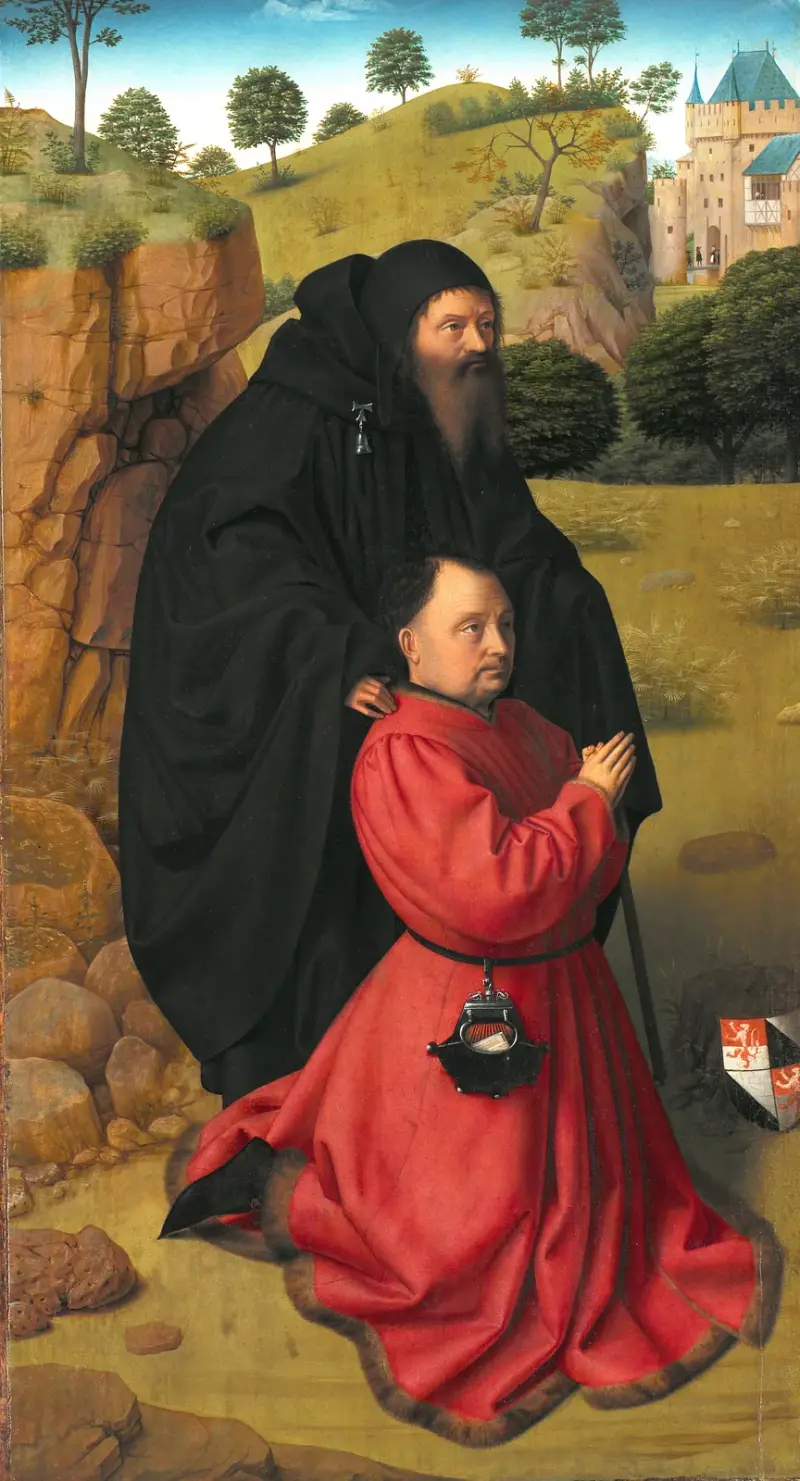 Altarpanel med porträtt av en stiftare i scharlakansrött under skydd av den helige Antonius av Petrus Christus