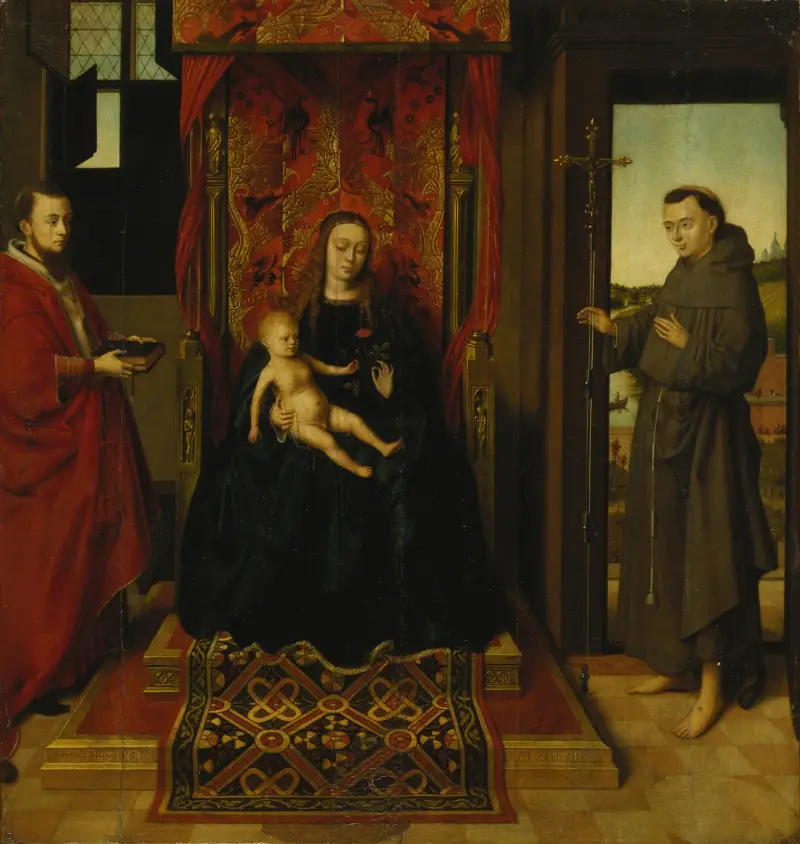 Jungfrun och barnet med de heliga Hieronymus och Franciskus av Petrus Christus