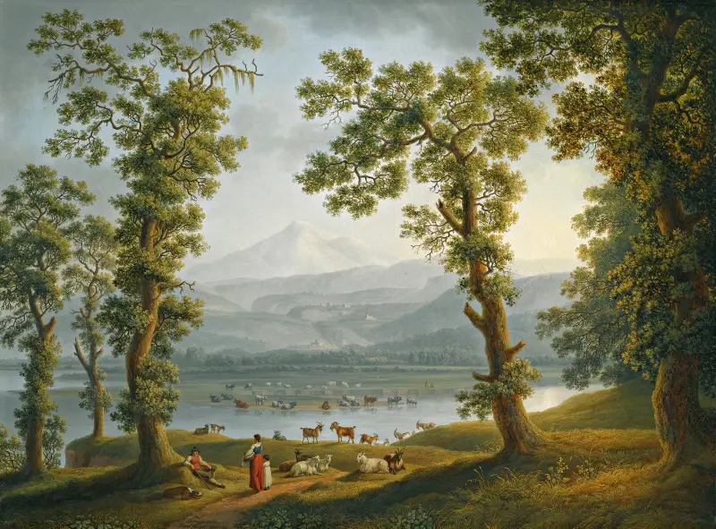 Utsikt över floden Volturno mot Alife, Piedimonte Matese och Matesebergen av Jacob Philipp Hackert