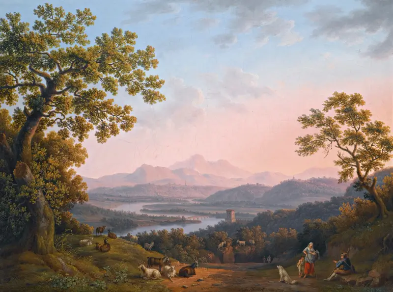 Utsikt över Tiberdalen mot Poggio Mirteto och Sabinerbergen i kvällssol av Jacob Philipp Hackert