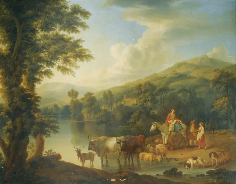 Skogslandskap vid flod med kvinna på grå häst och djur som dricker av Jacob Philipp Hackert