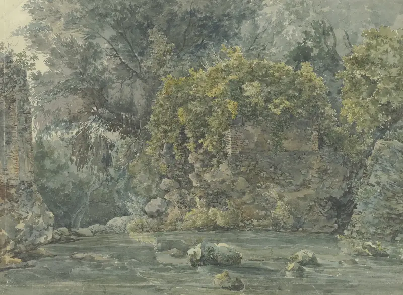Baumlandschaft mit verfallenem Gemäuer an einem Bach av Jacob Philipp Hackert