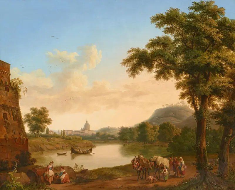 Vy över Tibern och Peterskyrkan från Ponte Milvio av Jacob Philipp Hackert