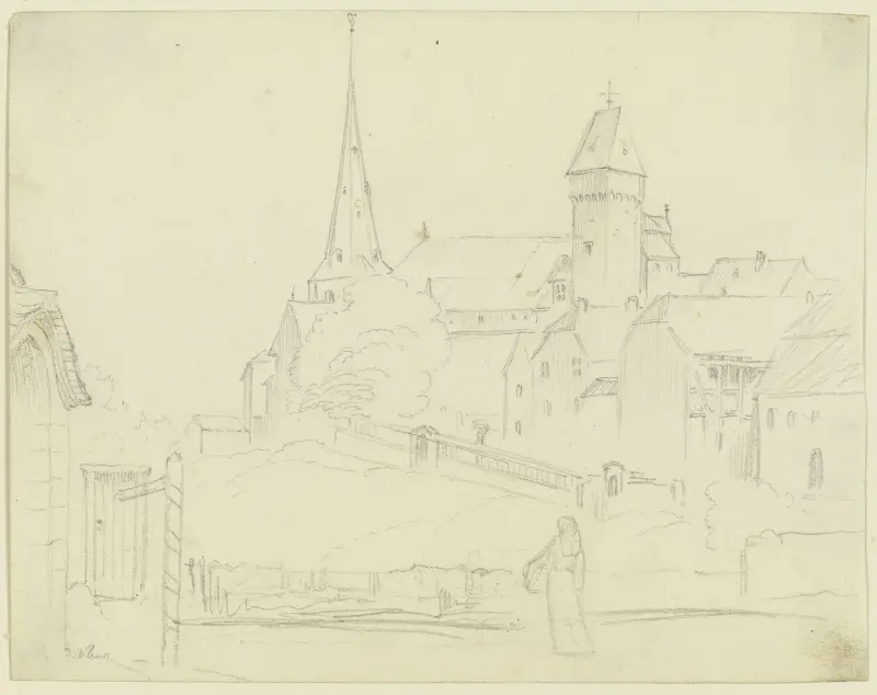 Medeltida by med kyrka och stadstorn av Philipp Veit