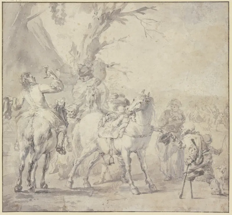 Ryttare vederkvicker sig utanför en krog, till höger en tiggare med träben av Philips Wouwerman