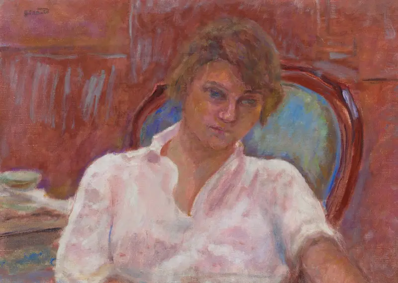 Ung kvinna drömmande i en fåtölj, Harmoni i rosa av Pierre Bonnard