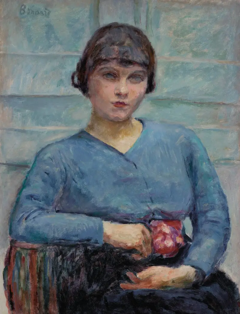 Ung flicka i blått, med ros av Pierre Bonnard
