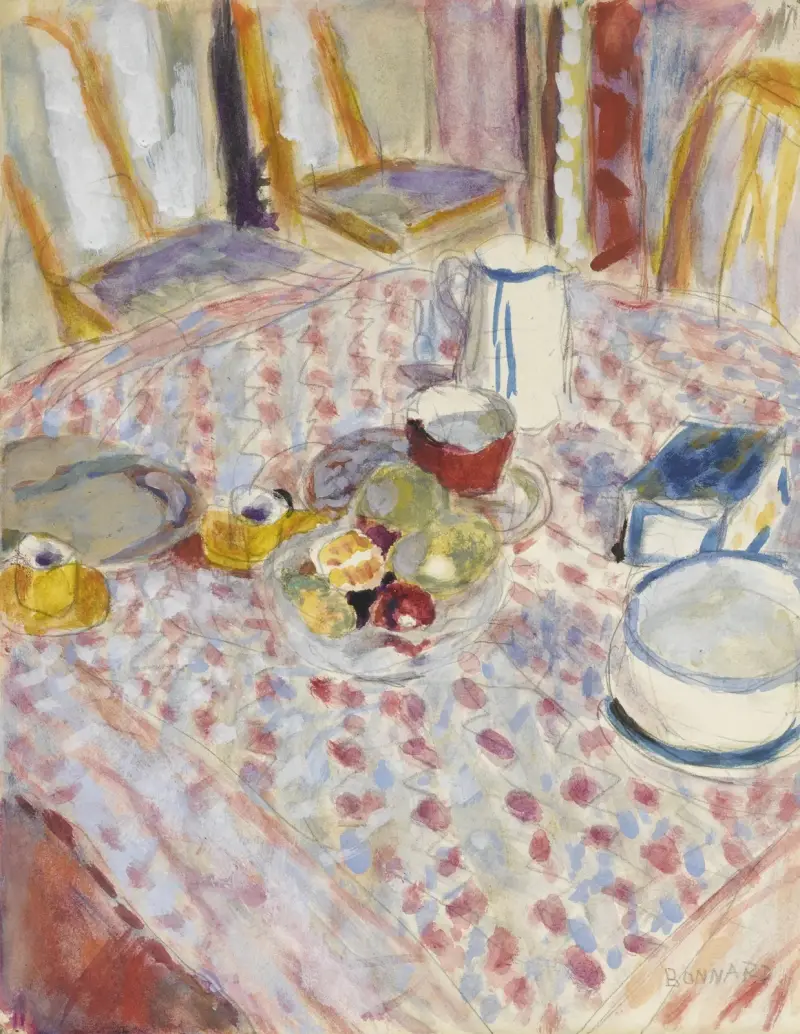 Stilleben på en röd rutig duk av Pierre Bonnard