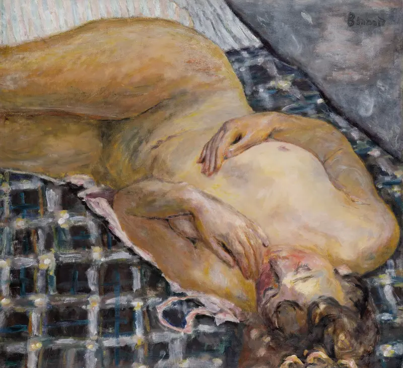Reclining Nude against a White and Blue Plaid av Pierre Bonnard