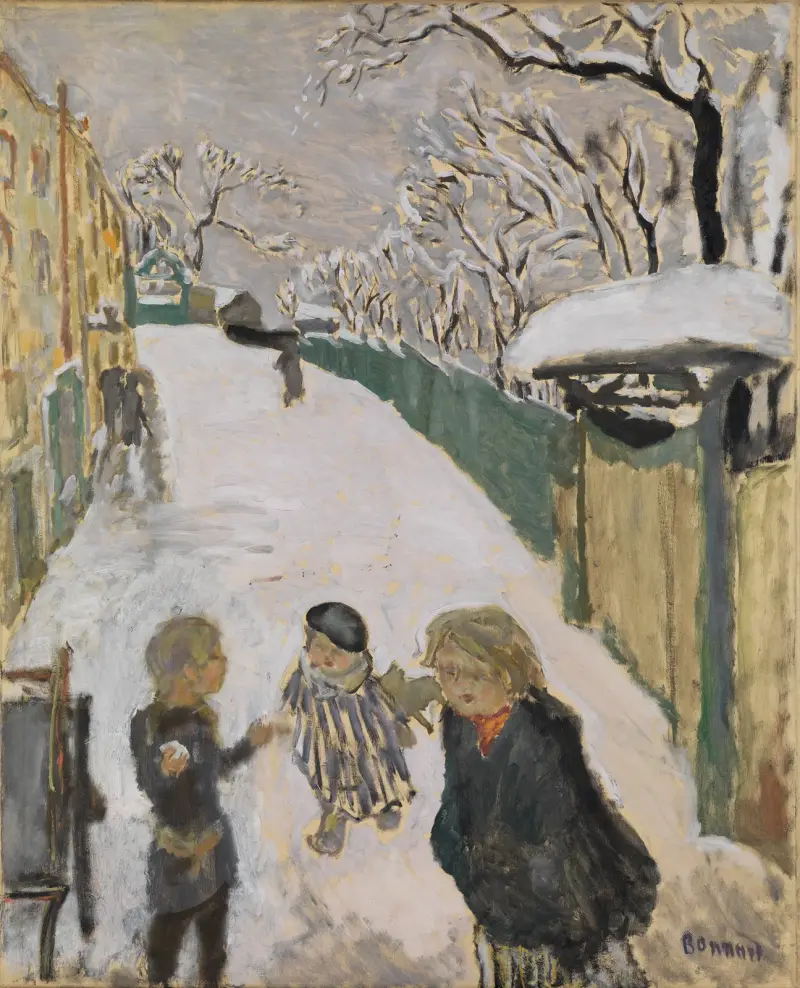 Straße im Schnee mit spielenden Kindern av Pierre Bonnard