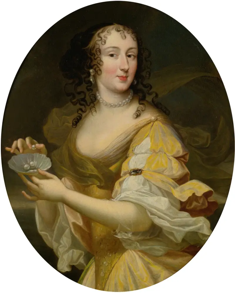 Porträtt av en dam i allegorisk gestalt, hållande ett fat med pärlor av Pierre Mignard
