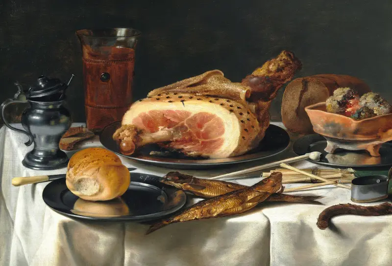 Stillleben mit Schinken, 1625 von Pieter Claesz
