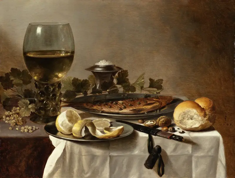 Stillleben mit Hering, Wein und Brot von Pieter Claesz