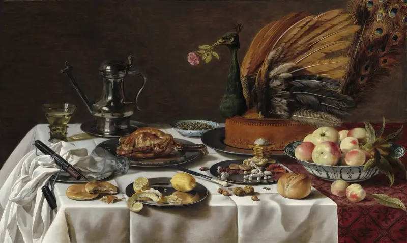 Stilleben med påfågelpaj av Pieter Claesz