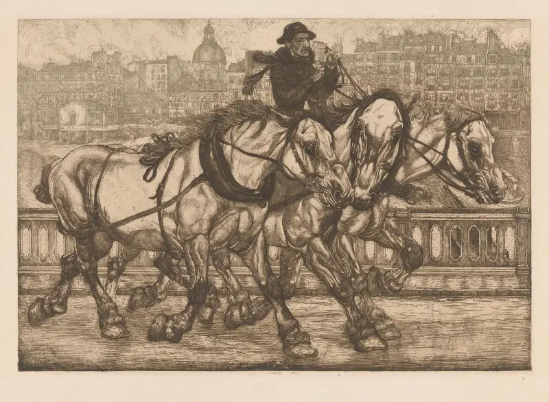 Drei Pferde auf dem Pont de Sully in Paris von Pieter Dupont