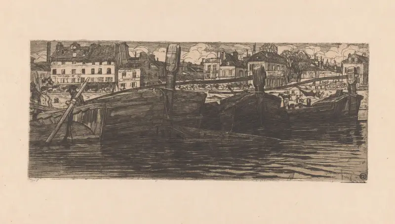Pråmar i Seine i Paris av Pieter Dupont