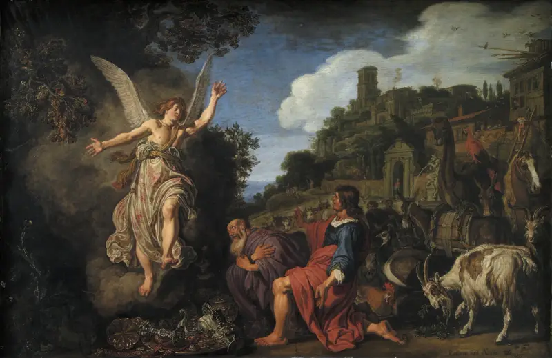 Ängeln Rafael tar farväl av den gamle Tobit och hans son Tobias av Pieter Lastman