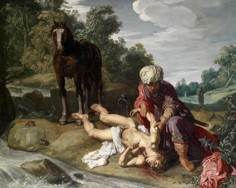 Den barmhärtige samariten förbinder resenärens sår av Pieter Lastman