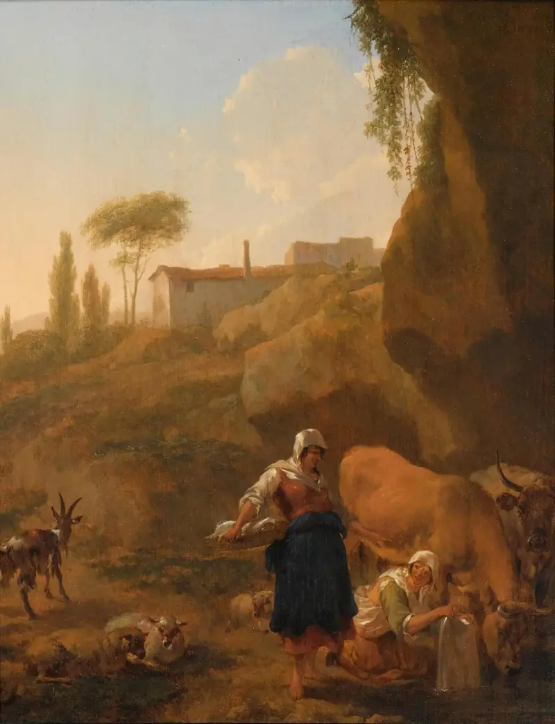 Kuperat sydligt landskap med två bondkvinnor, deras hjord och boskap som rastar vid en bäck av Nicolaes Pietersz. Berchem