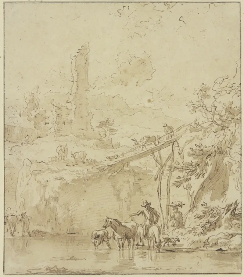 Borgruin, till höger en hög spång, en bonde vattnar sina hästar av Nicolaes Pietersz. Berchem
