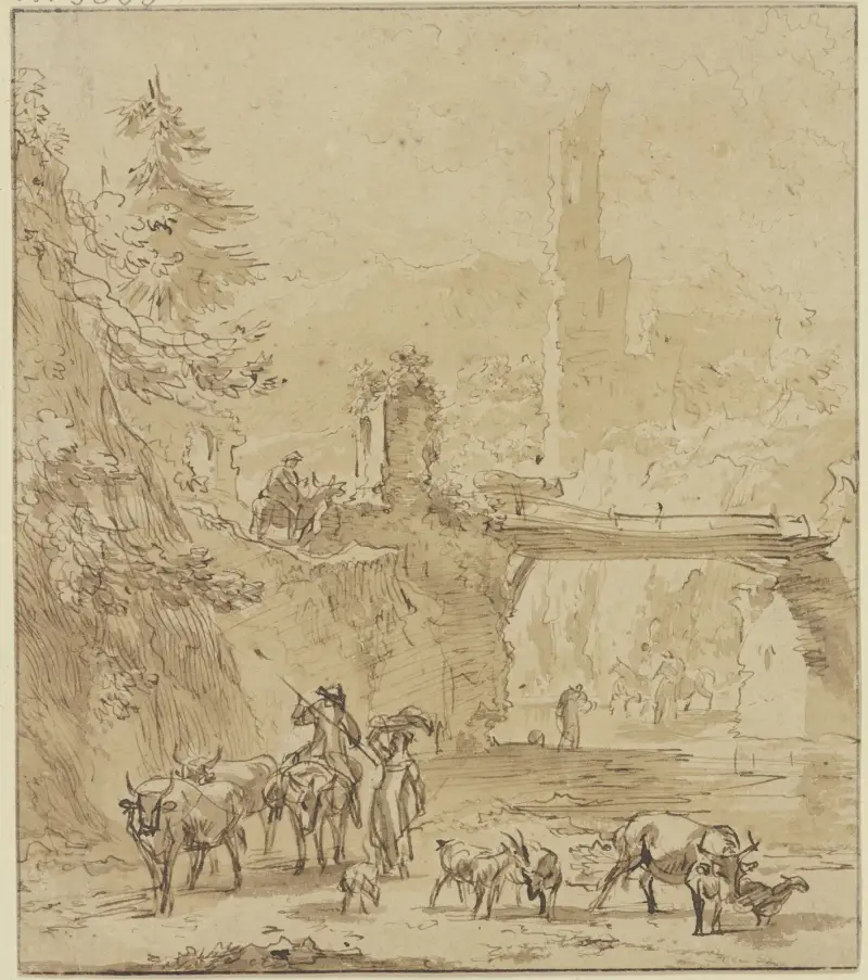 Borgruin, över vattnet en spång i förgrunden, herde med åsna och herdar till fots med boskap av Nicolaes Pietersz. Berchem