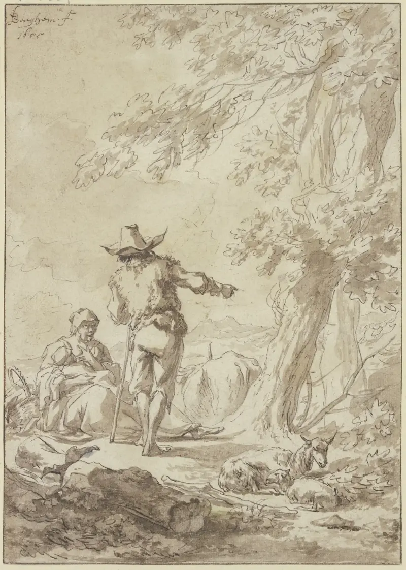 Herdefamilj vilande under ett träd av Nicolaes Pietersz. Berchem