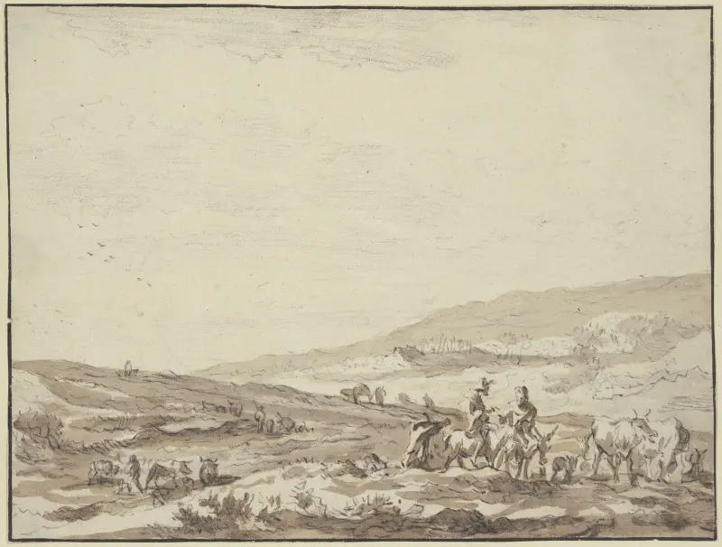 Kuperat landskap, till höger herde och herdinna ridande på åsnor med boskap av Nicolaes Pietersz. Berchem
