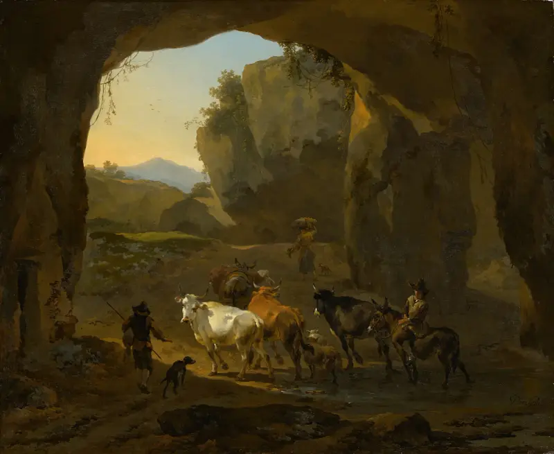 Bönder med boskap i en grotta av Nicolaes Pietersz. Berchem