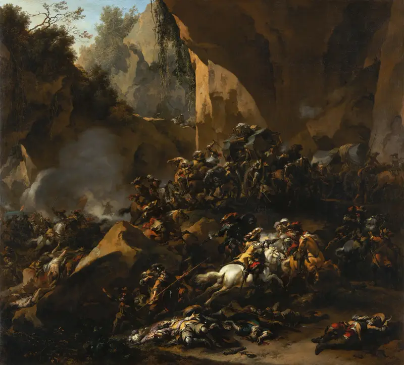 Resenärer överfallna av rövare av Nicolaes Pietersz. Berchem