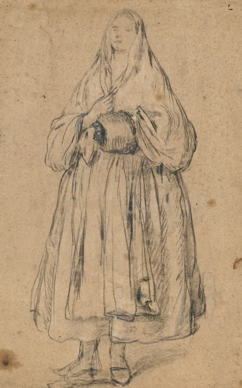 Stående kvinna med muff, svagt vänd åt vänster av Pietro Longhi