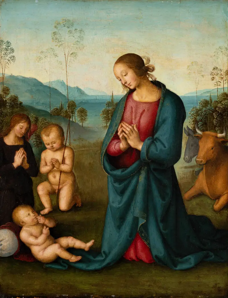 Madonnan, den lille Johannes och en ängel tillber Kristusbarnet av Pietro Perugino