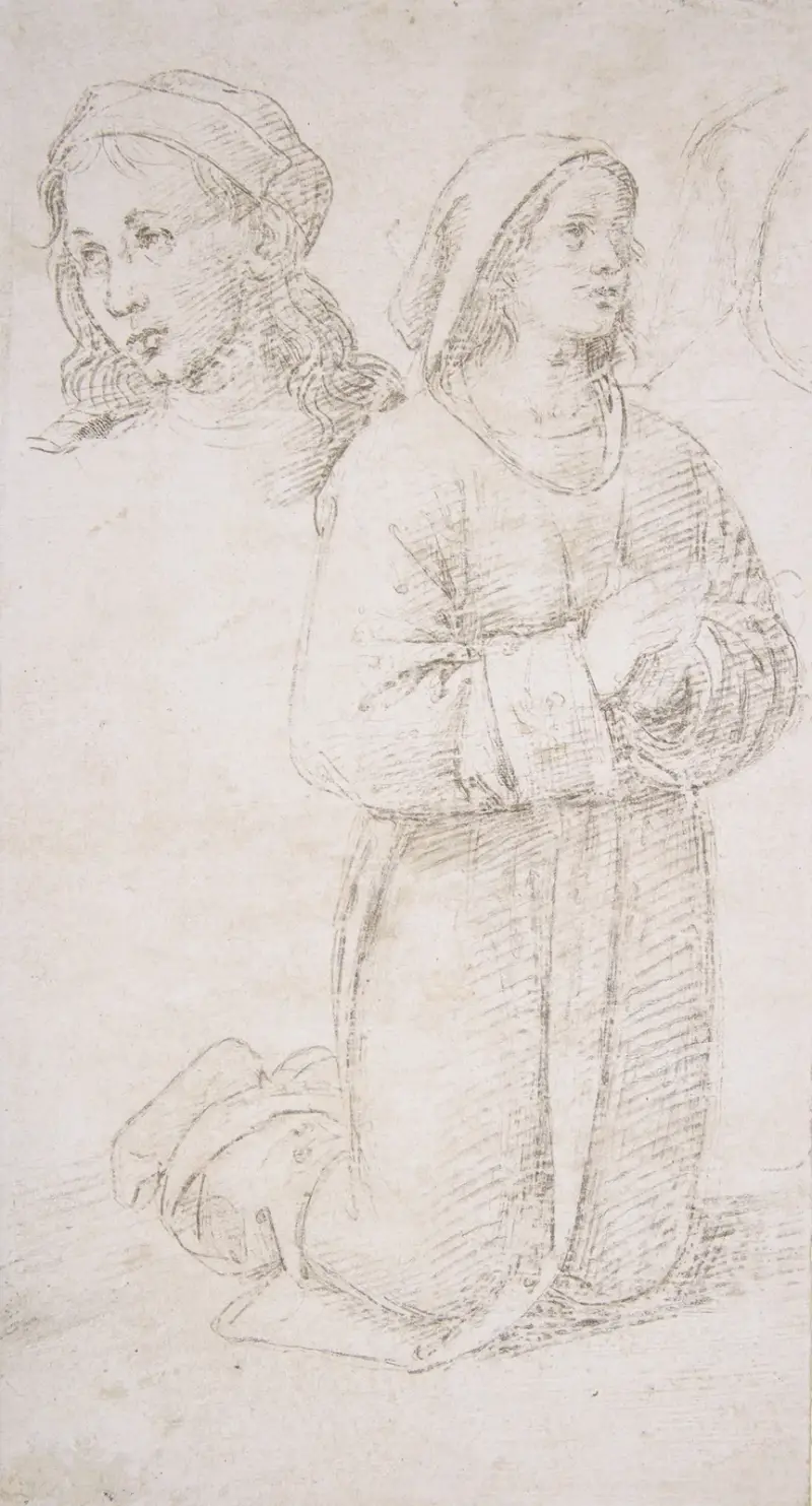 Studie av en knäböjande yngling och ett annat huvud av Pietro Perugino