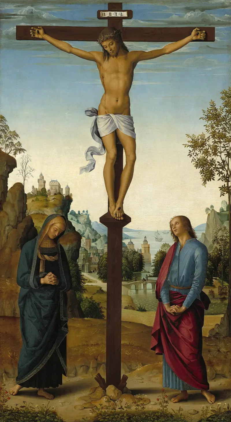 Korsfästelsen med Jungfru Maria, Johannes, Hieronymus och Maria Magdalena av Pietro Perugino