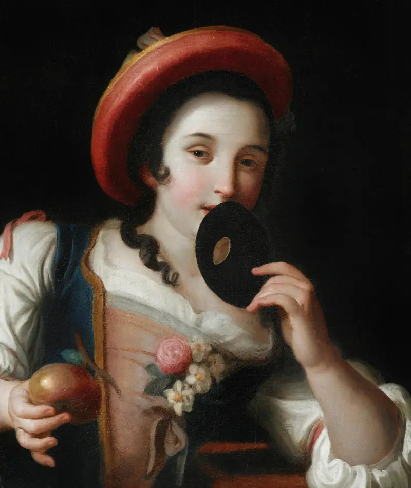 Ung kvinna med mask och granatäpple av Pietro Rotari