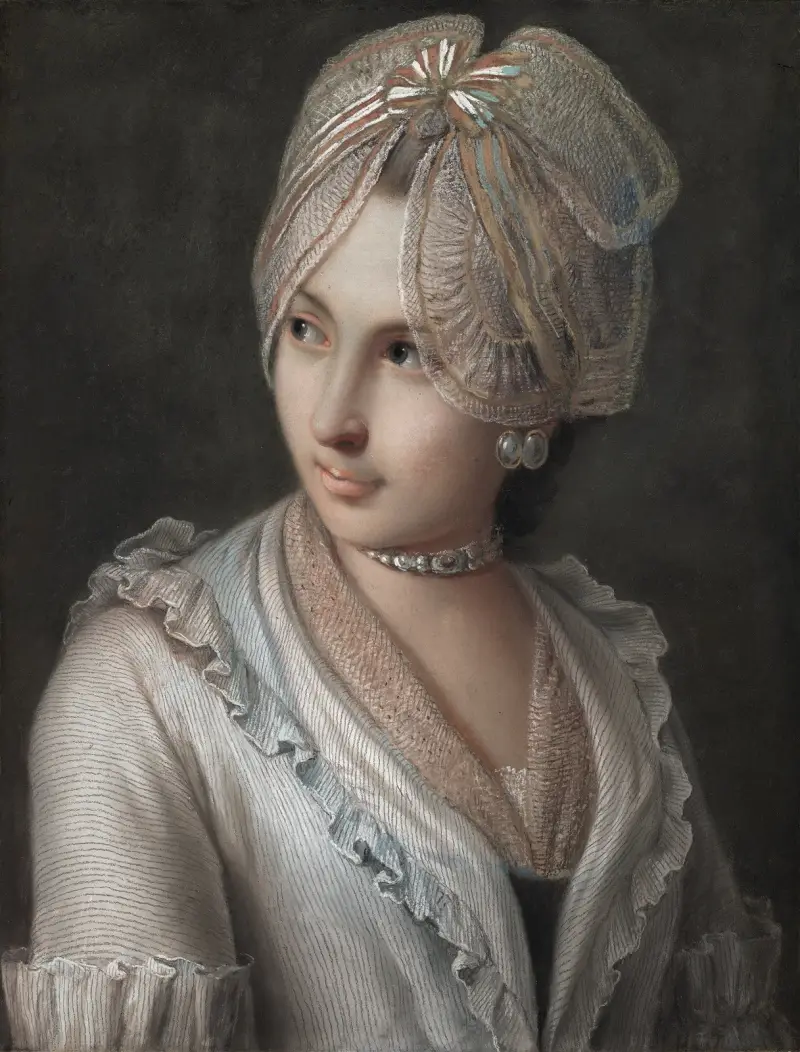 Elegante junge Dame mit Spitzenhaube von Pietro Rotari