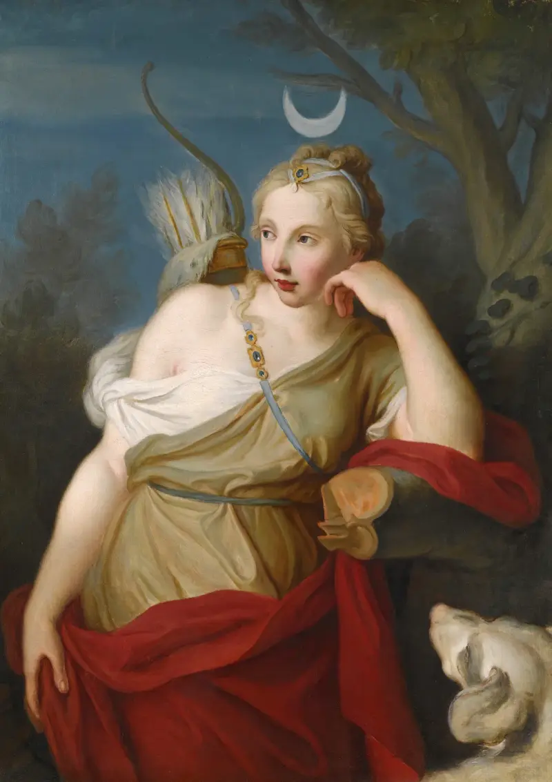 Diana, jaktgudinnan, lutad mot ett träd av Pietro Rotari