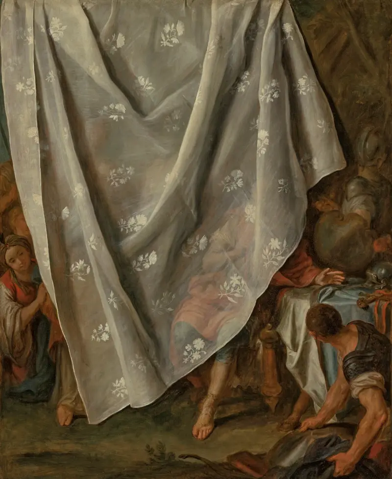 Mötet mellan Alexander den store och Roxana, bakom en trompe l'oeil-förhäng av Pietro Rotari