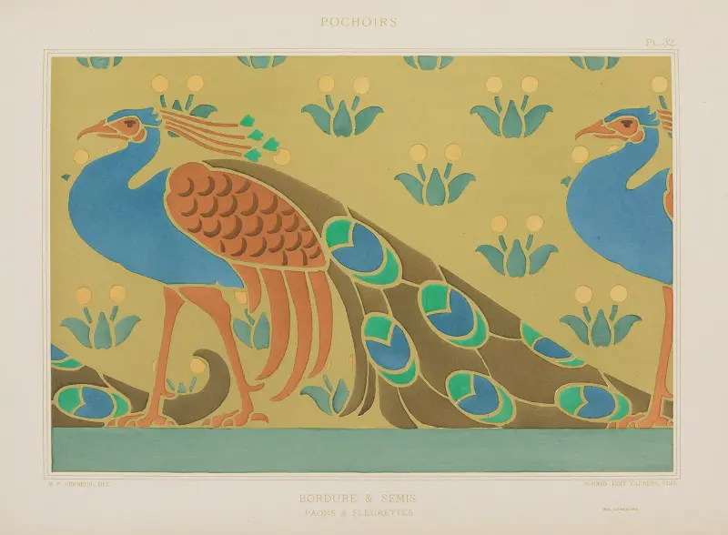 Bordüre und Streumuster, Pfauen und Blümchen von Maurice Pillard Verneuil