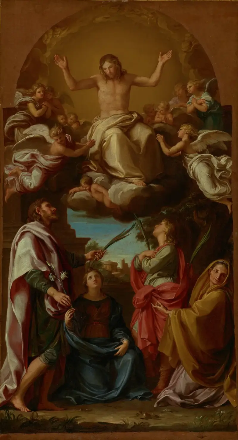 Kristus i härlighet med helgonen Celsus, Julianus, Marcionilla och Basilissa av Pompeo Batoni